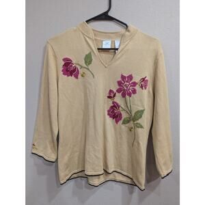 Pretty tan v-neck sweater w/pink floral detailing by Emma James size M